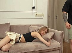 She woke up with a dick in her pussy, blonde getting wet from pain.