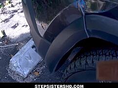 Stepsister Kitty Carrera sucks step brother Johnny Tattoo dick after car crash POV.