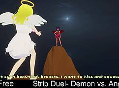 In a strip duel, the demon versus the angel, clothes get ripped in erotic lesbian play.