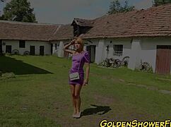 redhead gets pissed on and cum sprayed in outdoor threesome with golden shower fetish