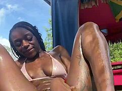 Watch this petite jamaican girl flash her pussy outdoors in public