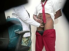 lady doctor tenderly checking school student's dick