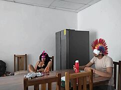 Housemaid Sensually Touches Body, Flirts with Dildo While Feeding Blind Man