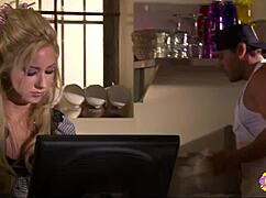 new skinny blonde waitress after work adventure involves steamy lesbian sex and tight pussy eating