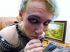 Petite exotic coed Raven rubs her twat before getting jizzed while sucking a cock.