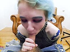 Petite exotic coed Raven rubs her twat before getting jizzed while sucking a cock.