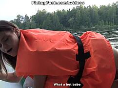 Three men in a boat pick up a girl for blowjobs and creampies.