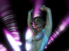 Tattooed elven stripper in sexy white lingerie dances under neon lights.