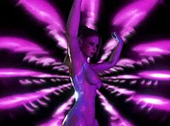 Tattooed elven stripper in sexy white lingerie dances under neon lights.