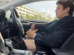 i'm strokin my big ol' dick in the car, feelin so horny