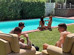 Megan Fiore and Dolly Dyson in brutal mansion pool orgy with three cocks