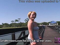 Coed cutie flashing big tits in public park, shaved pussy exposed