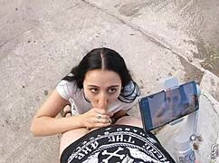 Young brunette demonstrates blowjob skills on huge cock, swallowing cum in pov