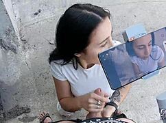 Young brunette demonstrates blowjob skills on huge cock, swallowing cum in pov