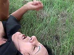 Old Woman Without Dentures Sucks Young 18+ Mans Cock In The Woods