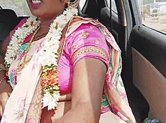 sexy indian bhabi in saree gets romantic in the car with telugu dirty talks