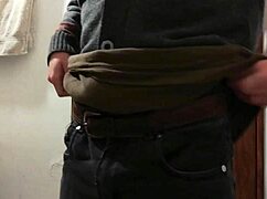 I strip half-naked to masturbate in work bathroom with loaded cumshot!