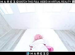 Japanese girl Anna Saotome enjoys gentle interaction with a guy in VR.