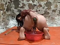 ts peeing in ass with cucumber fruit play stretching