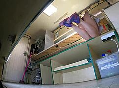 i tol this dum bitch to wear a mini skirt as a hostess and clean the food truck after work but she has no idea about the hidden camera under her ass