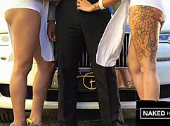 Two sexy black chicks from the Midwest sucking a black dick in Miami.