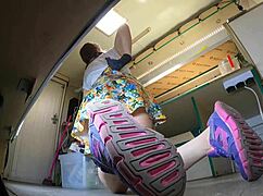 i tol this dum bitch to wear a mini skirt as a hostess and clean the food truck after work but she has no idea about the hidden camera under her ass