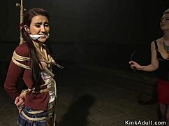 Gagged clamped lesbian slave bound choked for brutal anal domination whipping