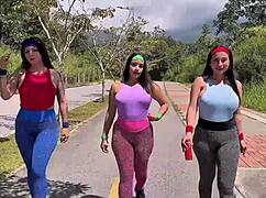 Three sluts ride one cock outdoors, anal pounding and cum swallowing in public POV.