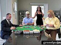 Three old kinky dudes take turns fucking busty young teen after poker game ends.