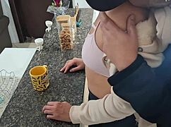 stepdaughter bends over kitchen table for daddy's cum on ass doggystyle