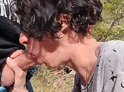 she drops to knees for deepthroat blowjob in the woods then swallows every drop