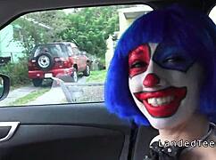 Teen clown hitchhiker gets banged outdoors till messy cumshot