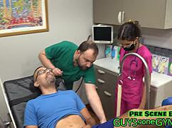 behind the scenes angel ramiraz spreads shaved pussy for cum extraction in latex gloves clinic
