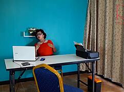 naughty french secretary flashes pussy on office desk cam