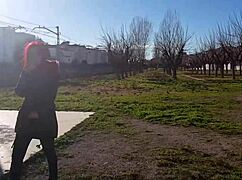 young teen squirts wildly flashing in crowded public park