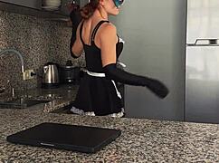 innocent maid in leggings flashes then moans as she's taken deep and filled