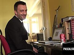 shy kimmie fox bound in stockings endures deepest throat fucking then rough doggystyle riding and cum swallowing domination