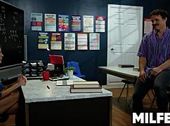 she's the hot milf teacher who can't resist fucking her muscular college student's huge cock in class