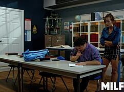 she's the hot milf teacher who can't resist fucking her muscular college student's huge cock in class