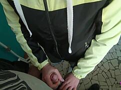 Brunette teen girlfriend sucks huge cock on public staircase swallowing cum mouthful