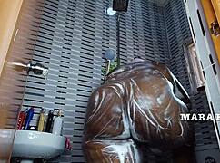 fat ebony milf shakes onion ass in shower but what happens next?