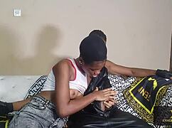 biker guy dominates skinny black teen on sofa with fat cock pounding