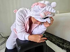 blonde milf housewife rides sybian machine squirting orgasm in unicorn costume fun