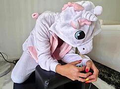 blonde milf housewife rides sybian machine squirting orgasm in unicorn costume fun