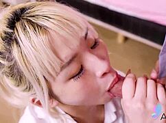 Skinny Chinese housewife with shaved pussy moans as salesman fucks her close-up uncensored