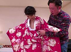 Wife's kimono drops for deep blowjob then hardcore creampie blast!