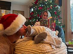 Santa fixates on the milf housewife goddess barefoot toes for Christmas licking and sucking fetish with her friend girlfriend