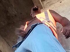 Watch me stroke my black cock hard outdoors at work??