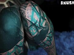 Skinny inked teen fingers ass to squirting prolapse solo