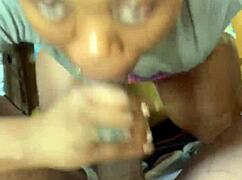 at the flea market, ebony deepthroats big black cock sloppy pov